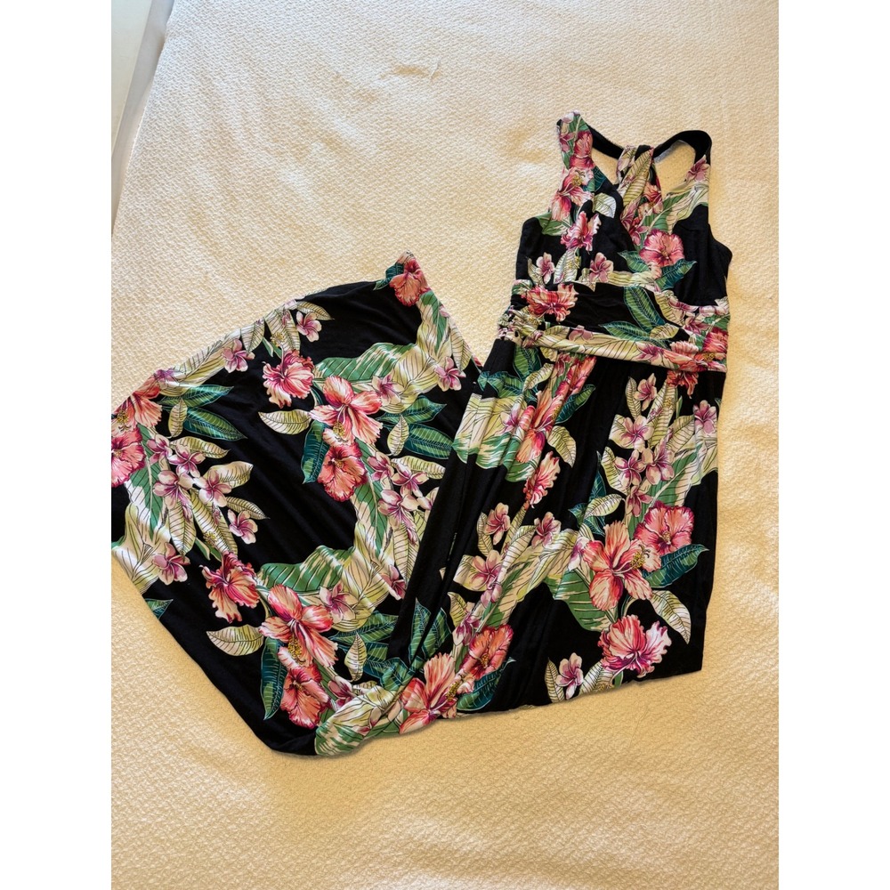 Band of the Free Tropical Hibiscus Floral Maxi Dress Black Pink Green Large